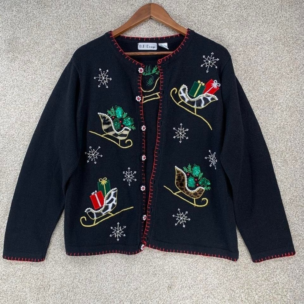 VTG‎ BP Designs Christmas Sweater Cardigan Granny Core Beaded Faux Fur M Sleighs